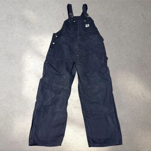 Vintage 90's Carhartt R01 BLK Black Duck Double Knee Bib Overalls Size 42x30 - Picture 2 of 6
